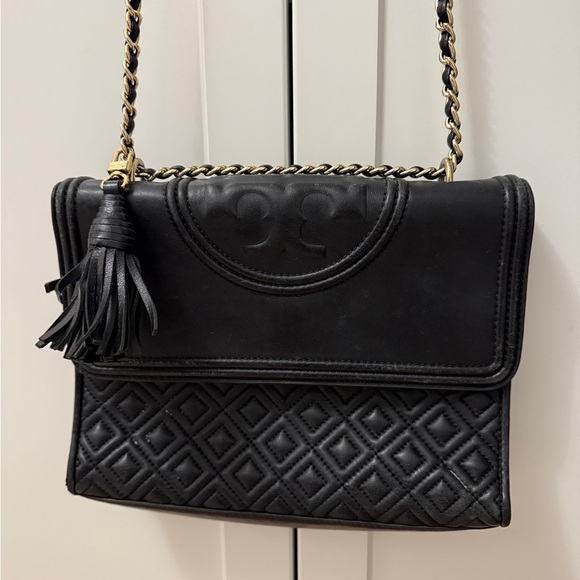 Tory Burch Handbags - Tory Burch Large Black Matte Fleming Quilted Convertible Leather Shoulder Bag